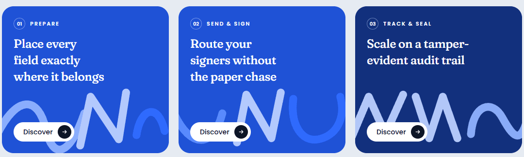 The three-step flow: Prepare, Send & sign, and Track & seal