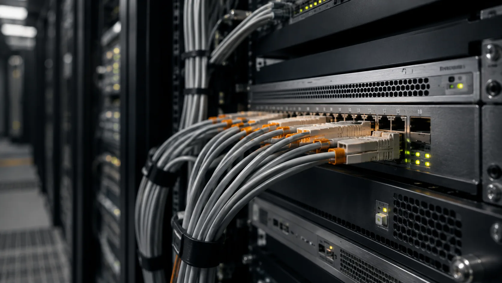 Patch cables running into a network switch in a data centre rack, the aisle of cabinets fading behind it