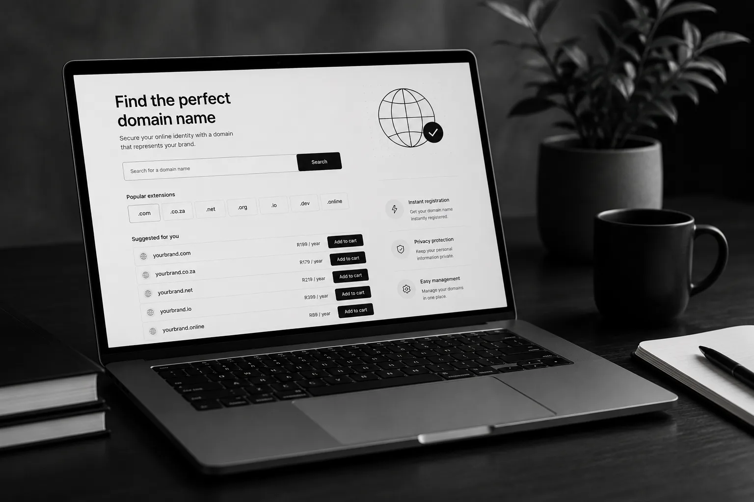 A domain search open on a laptop, listing extensions and suggested names