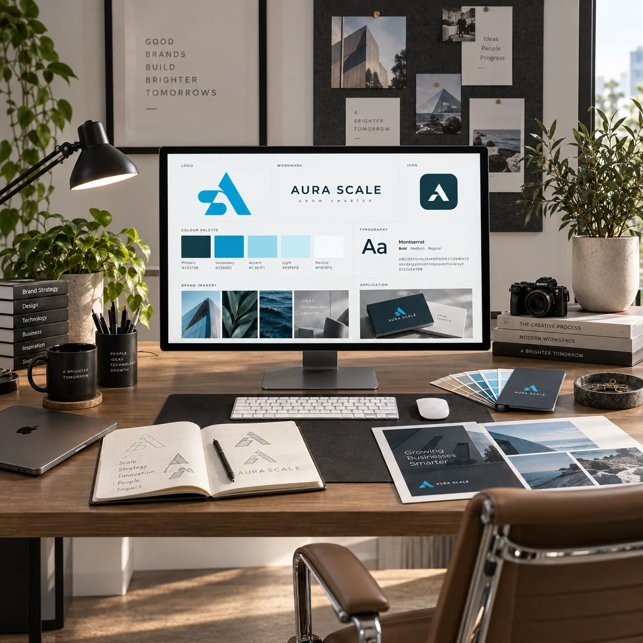 A monitor showing a brand guidelines board with logo, palette and type specimen, beside logo sketches, a colour fan and printed brochure pages
