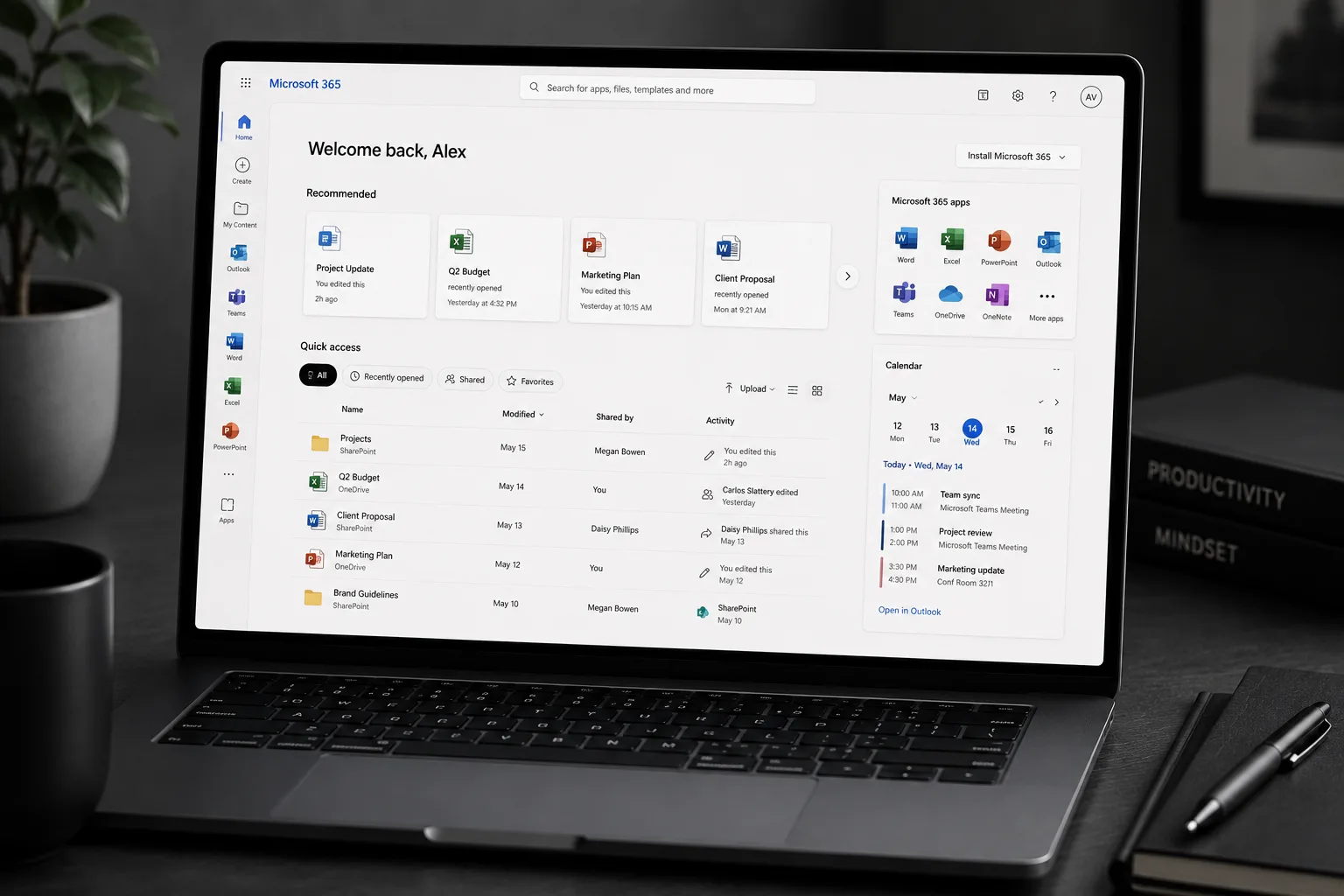 The Microsoft 365 home page on a laptop, with shared files and a calendar
