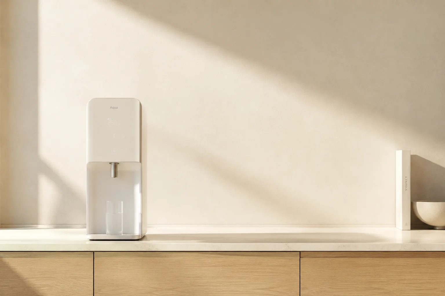 The unit on a kitchen counter beside glassware