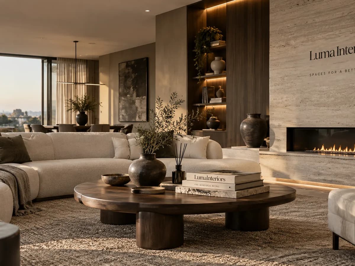 A living room at dusk with the Luma Interiors wordmark set into a travertine fireplace wall