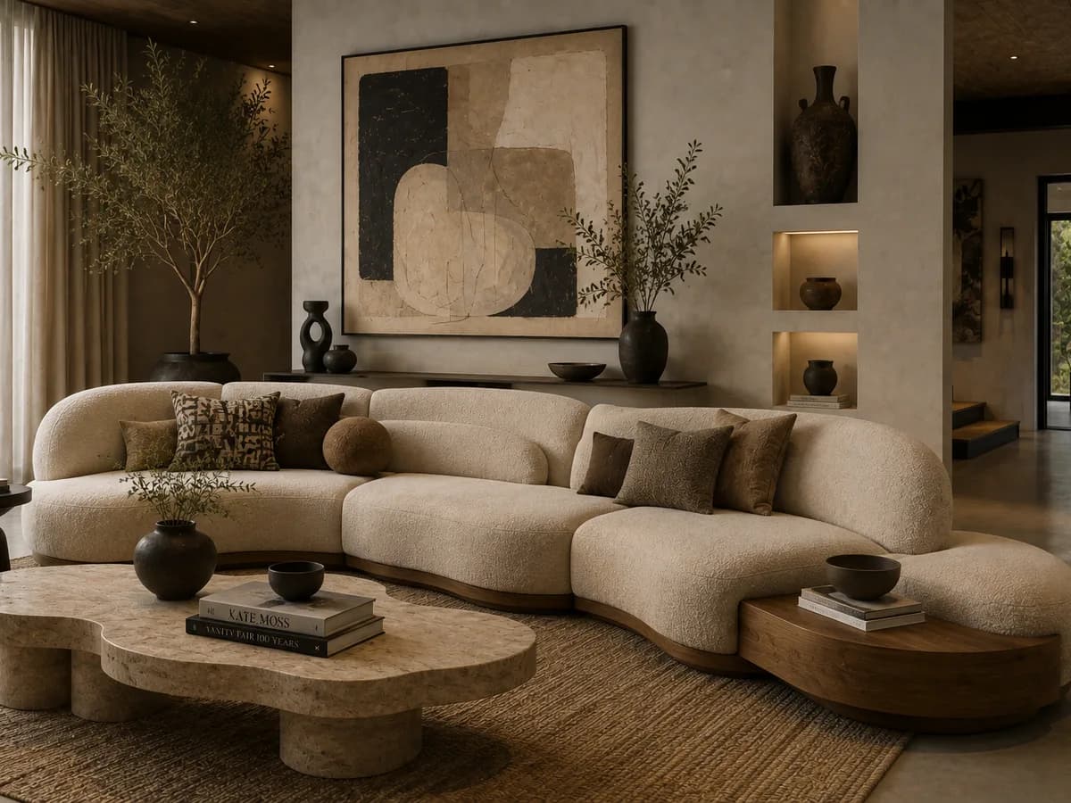 A curved bouclé sofa, a stone coffee table and an abstract canvas in the sitting room
