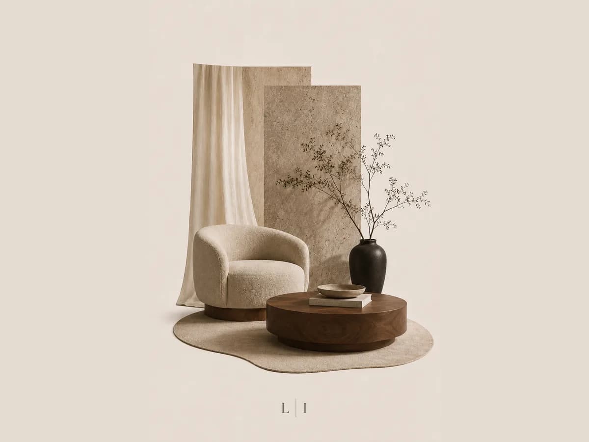 The moodboard: linen, travertine, walnut and a boucle armchair on a flat cream ground