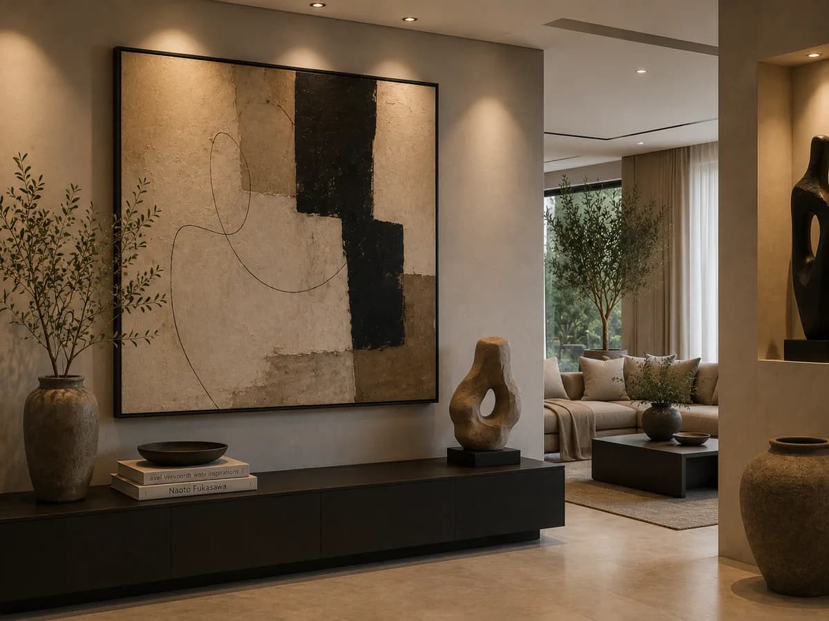 The gallery entrance, with the canvas, a stone sculpture and the room beyond