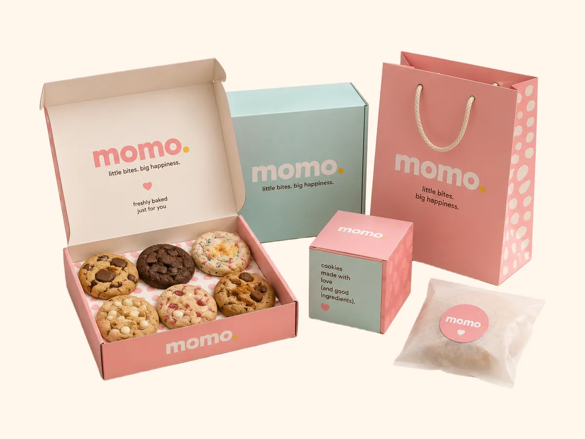 The Momo packaging range: an open six-box, the mint gift box, the pink carrier bag, the single-cookie cube and a glassine bag