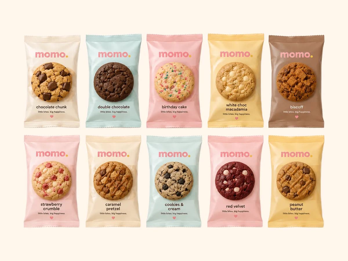 Ten flavours in their own wrappers, each printed on that flavour's colour