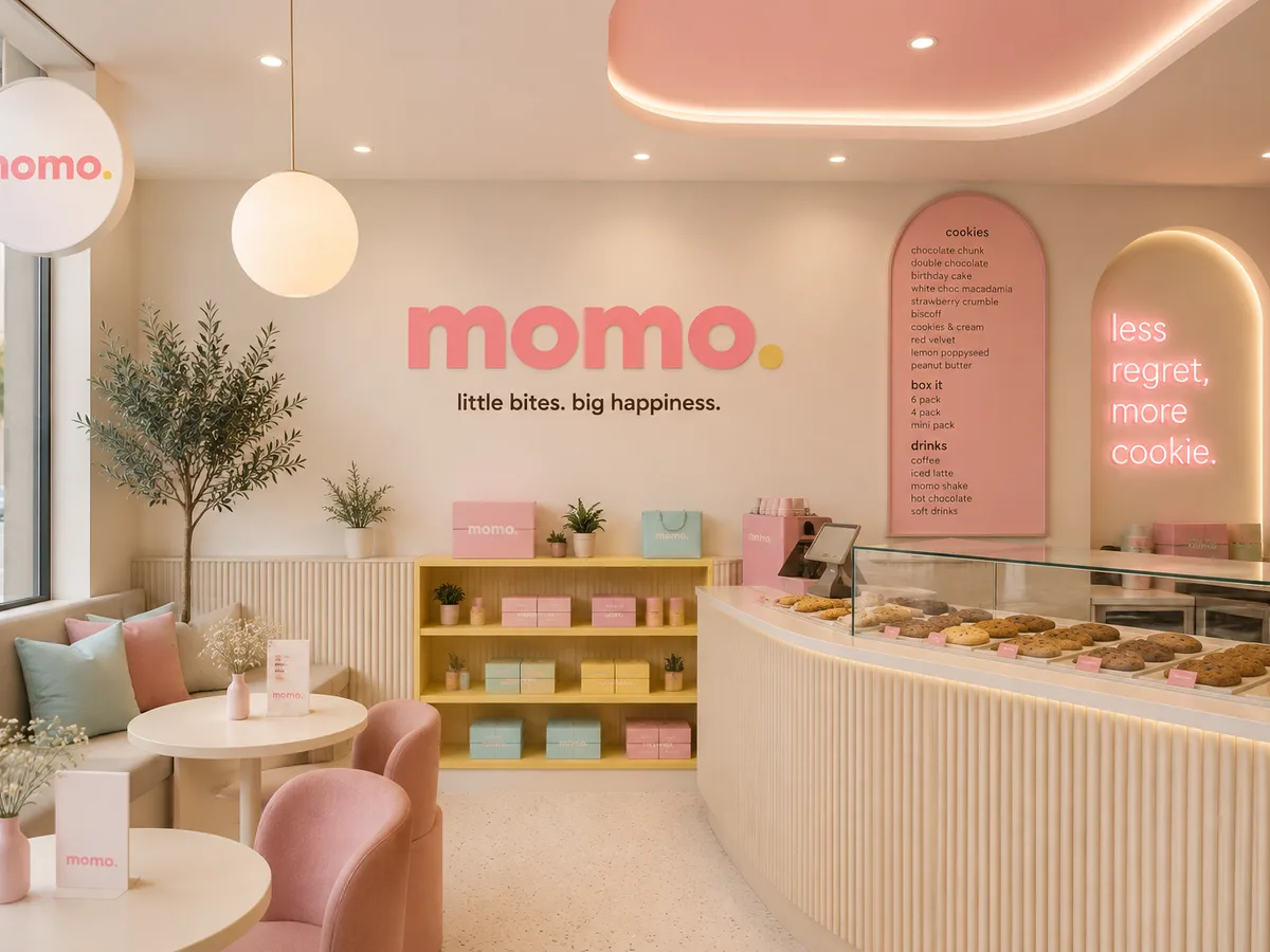 The Cape Town counter: pink chairs, the wordmark on the wall and cookies under glass