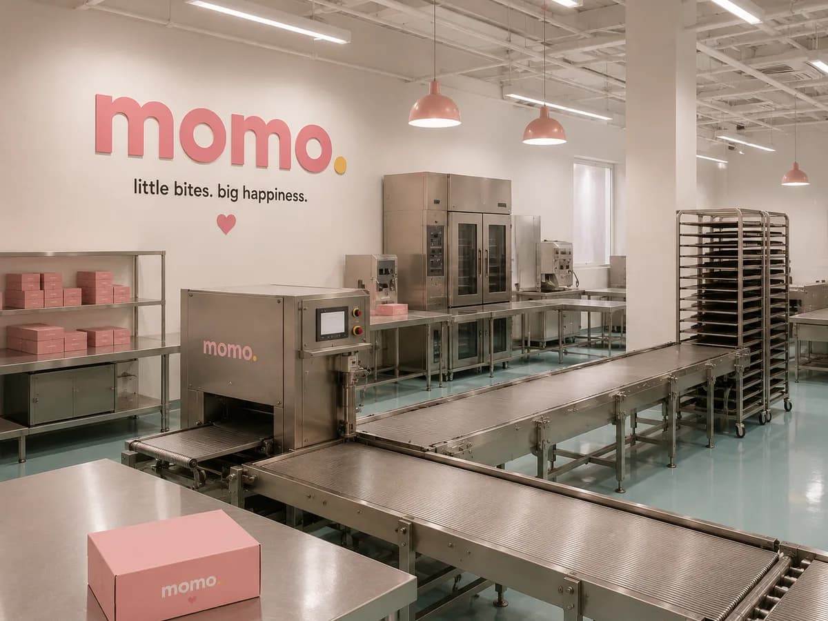 The kitchen behind the counter, with the wordmark on the wall and boxes on the racks