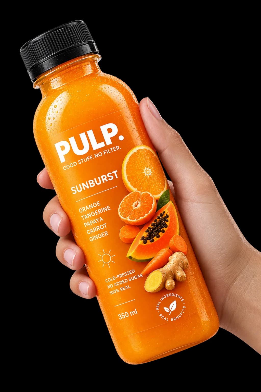 A hand holding a PULP bottle against a flat colour ground