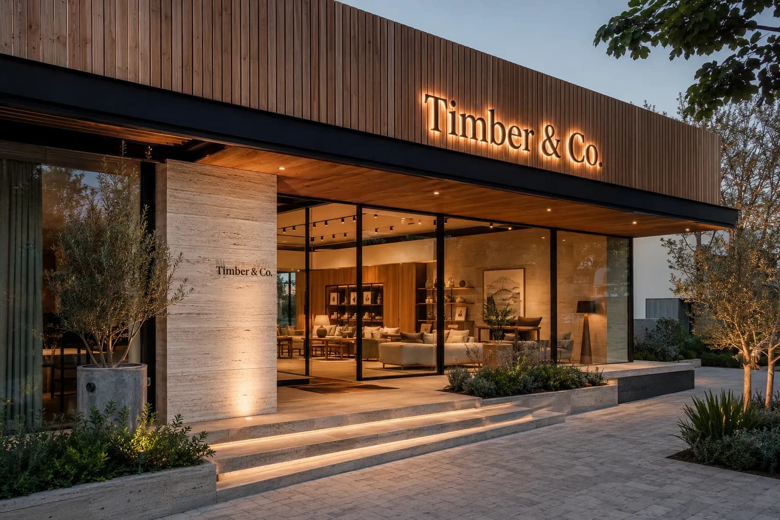 A timber interior at dusk